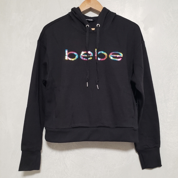 Bebe Sport Rainbow Iridescent Sequin Logo Black Hoodie - Picture 1 of 15